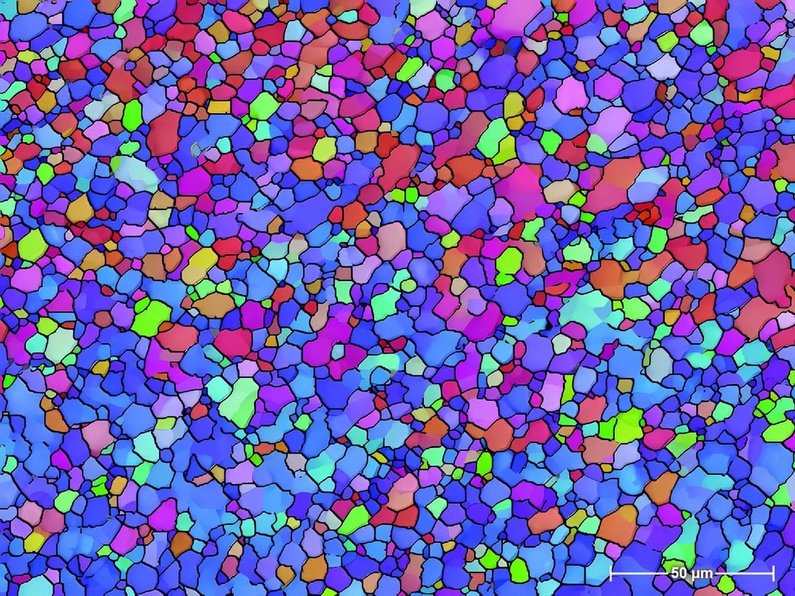 The microstructure within an aluminum trapezoid shows highly refined and uniform grain size, key to achieving a strong and reliable product. (Image courtesy of Nicole Overman; enhancement by Cortland Johnson | Pacific Northwest National Laboratory)