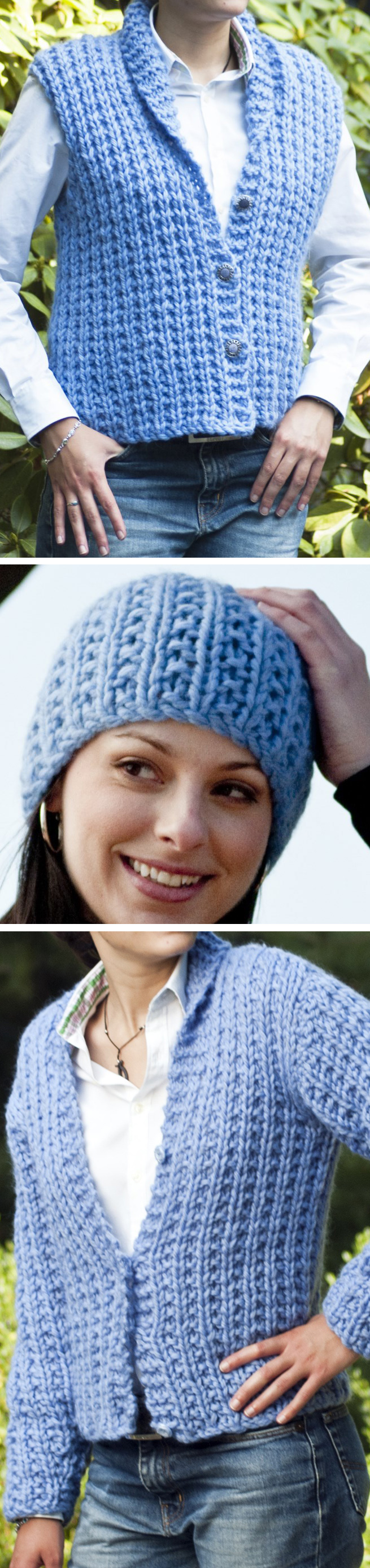 Free Knitting Pattern for 2 Row Repeat Lana Vest, Cardigan, and Hat Set