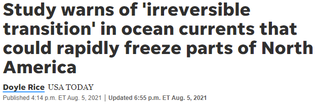 USA Today headline: Study warns of irreversible transition in ocean currents that could rapidly freeze parts of North America