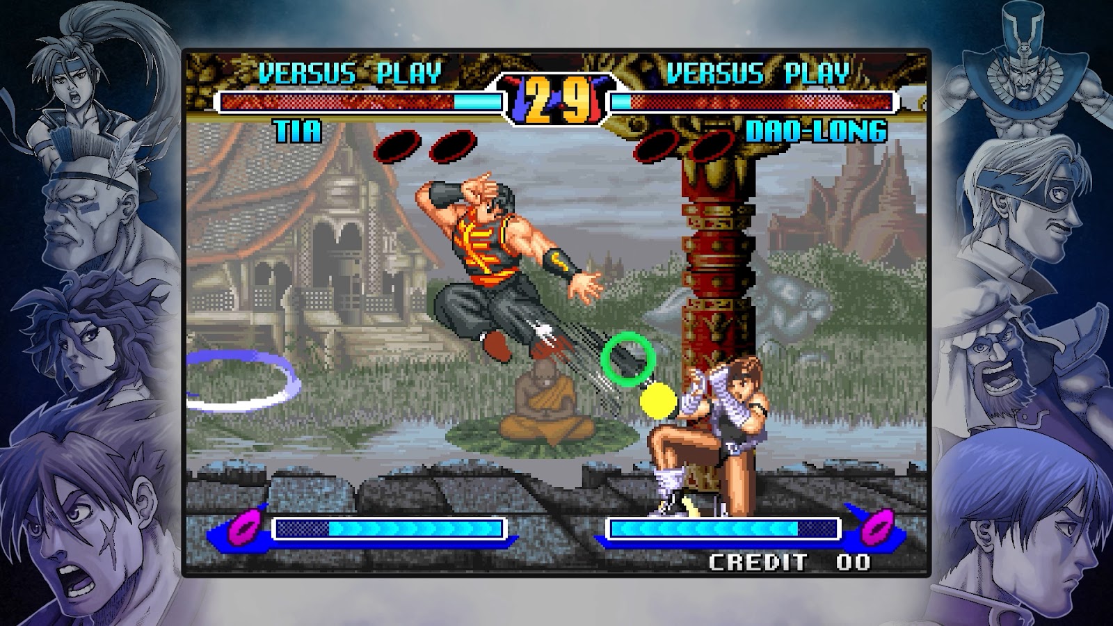 A screenshot of combat - one of the fighters is in the middle of a flying kick, the other is attempting to block.