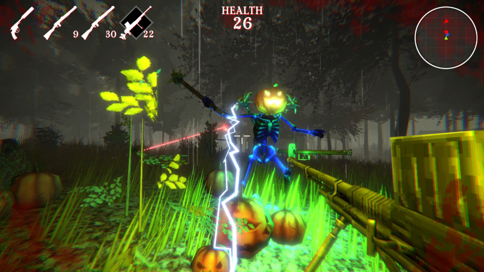 Player is shown in a forest trying to survive attack after attack of pumpkin enemies.