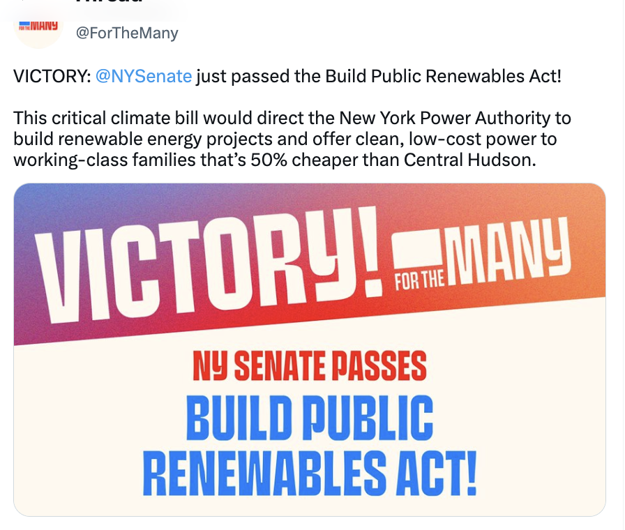 Victory! NY Senate just passed the Build Public Renewables Act! This critical climate bill would direct the New York Power Authority to build renewable energy projects and offer clean, low-cost power to working-class families that's 50% cheaper than Central Hudson.