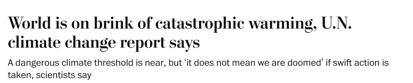 Headline: World is on brink of catastrophic warming, U.N. climate change report says