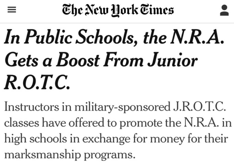 New York Times headline: In Public Schools, the NRA gets a boost from the Junior ROTC