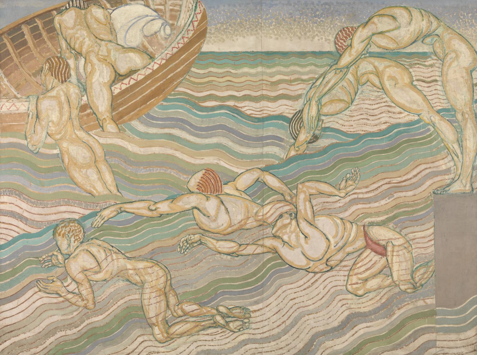 Painting of men bathing on the right with men climbing into a boat on the left.