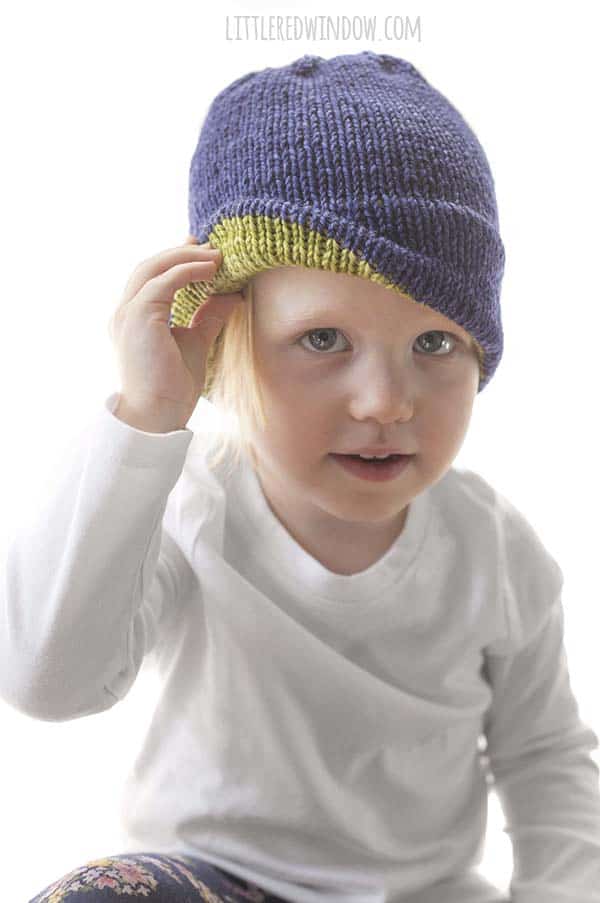 Extra Warm and Cozy Double Brim Hat Knitting Pattern, this cute pattern has a double thickness brim with fun contrast color inside to keep your little one extra toasty this winter!