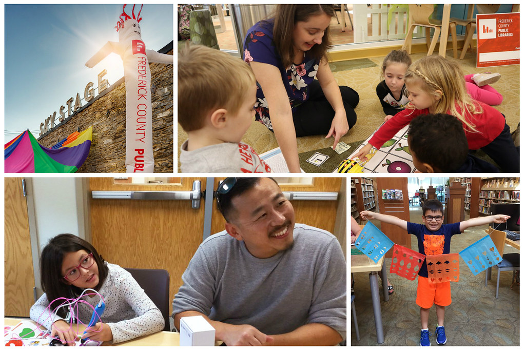 A collage of four photos from Frederick County Public Libraries. FCPL at Sky Stage. Parent and child enjoying a library program with 3D printing pens. A group of four young kids using BeeBots at the Walkersville Library. A child shows off a hand made flag banner at Brunswick Library.