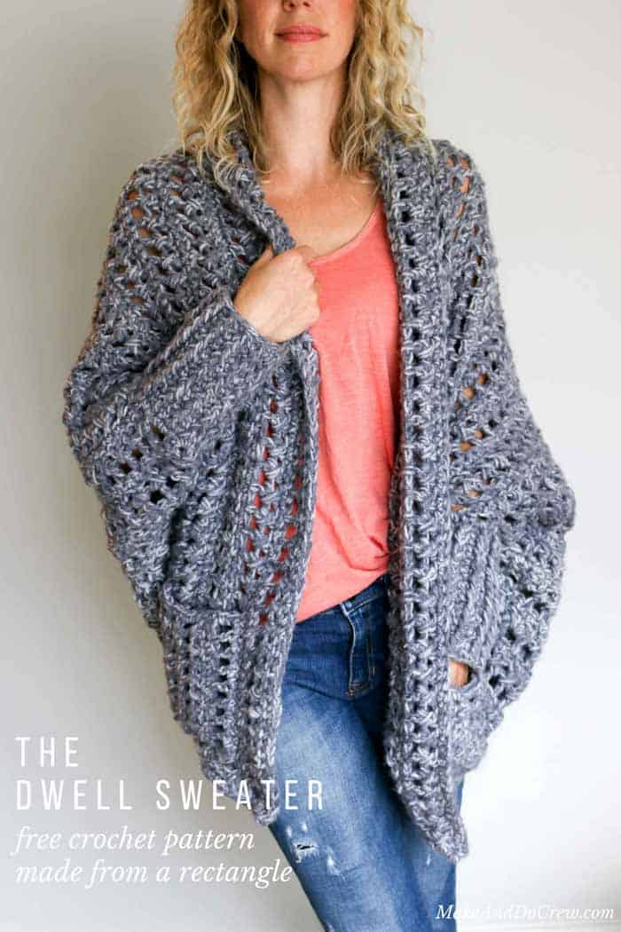 Creatively constructed from a simple rectangle, this flattering chunky crochet sweater comes together easily with zero shaping, increasing or decreasing. Free pattern from Make & Do Crew featuring Lion Brand Wool-Ease Tonal yarn.