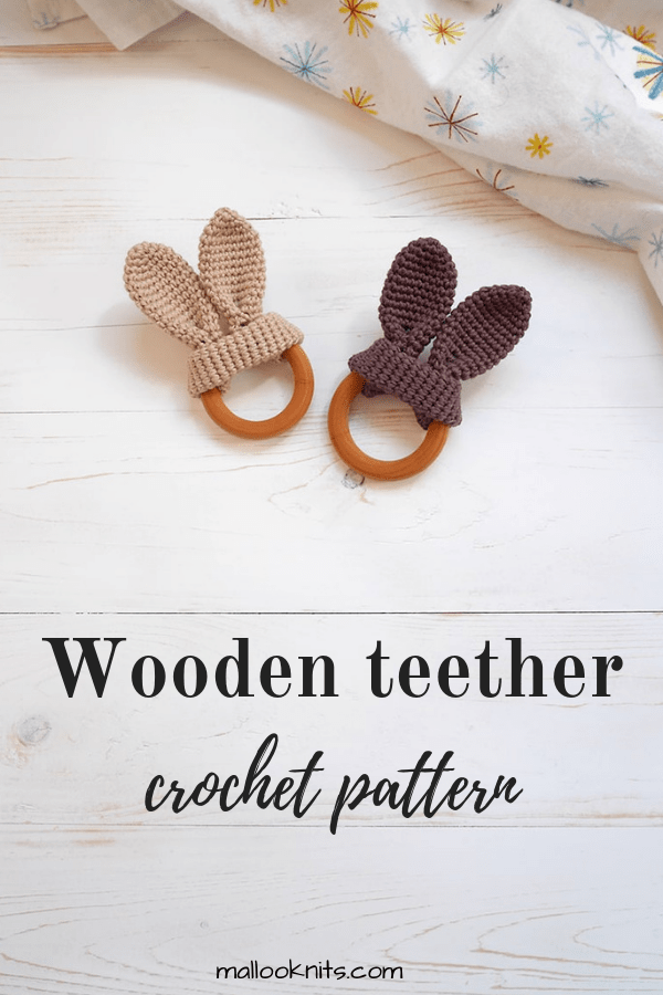 Easy crochet wooden teether for the baby to chew on safely. Make this cute bunny wooden teether in a matter of minutes with some cotton yarn and a wooden teething ring. #woodenteether #crochetteethingtoy #woodenteethingring