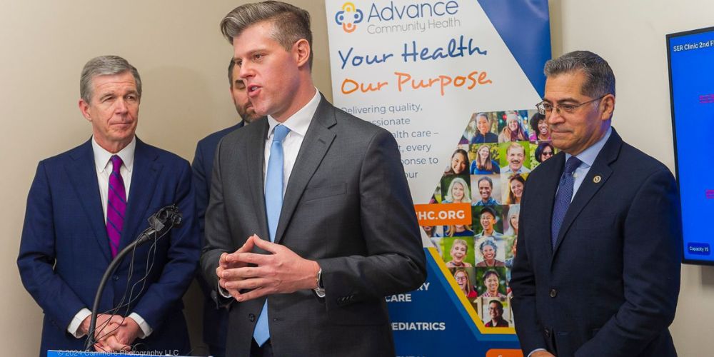 Pictured left to right: Gov. Cooper, NCDHHS Secretary Kinsley and U.S. HHS Secretary Becerra