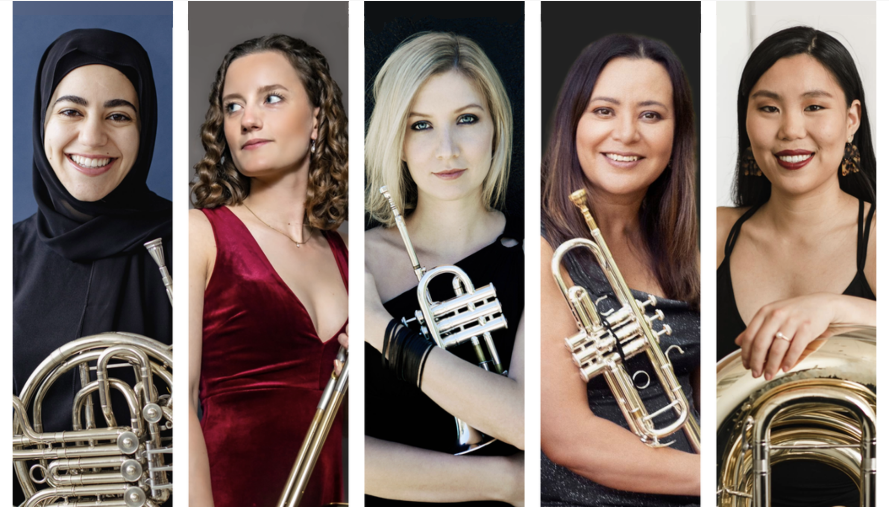 five portraits of women holding brass instruments