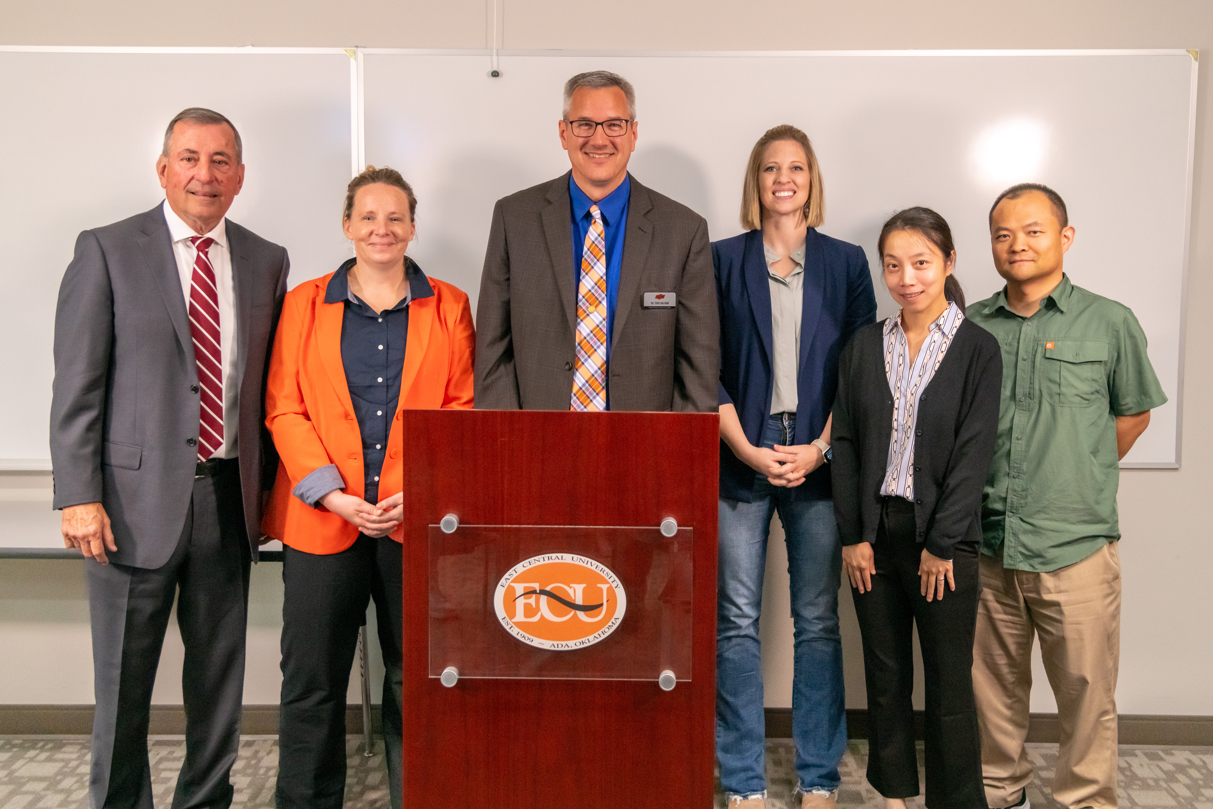 Pictured: (left to right) Duane Smith, director of the Oka’ Institute, and OSU faculty members Sabrina Beckmann, Todd Halihan, Caitlin Barnes, Tingying Xu and Yipeng Zhang.