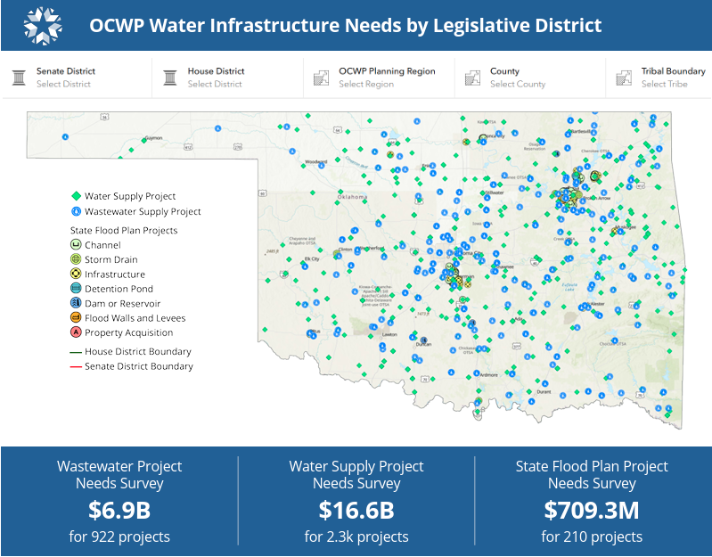 OCWP Water Infrastructure needs by legislative district provided by OWRB