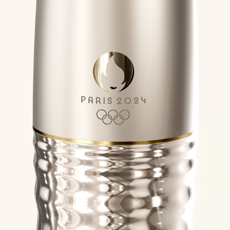 Partial view of Olympic Torch showing Paris 2024 logo