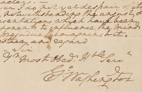 Detail of George Washington, letter to John Langdon, expressing dismay over the conduct of New Hampshire regarding the ratification of the Constitution, April 22, 1788. The Shapiro Collection.