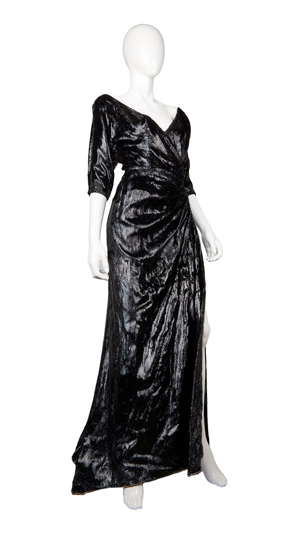 A Mae West-inspired black and cellophane effect evening gown designed by legendary costume designer William Travilla, worn by Marilyn Monroe