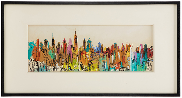 LeRoy Neiman 1956 watercolor, ink and collage drawing of the New York City skyline