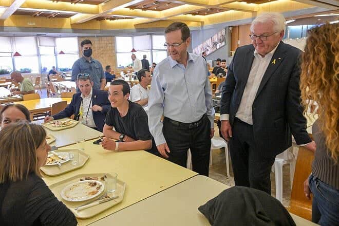 German President Frank-Walter Steinmeier (right) visits Kibbutz Be’eri alongside Israeli President Isaac Herzog, May 14, 2025. Photo by Kobi Gideon/GPO. German President Frank-Walter Steinmeier (right) visits Kibbutz Be’eri alongside Israeli President Isaac Herzog, May 14, 2025. Photo by Kobi Gideon/GPO.