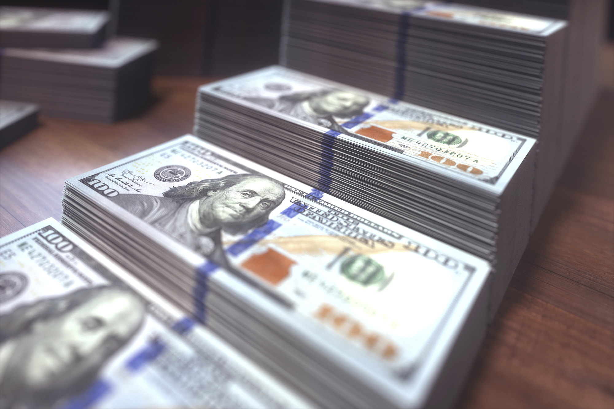 Stacks of one hundred US dollar banknotes, illustration.