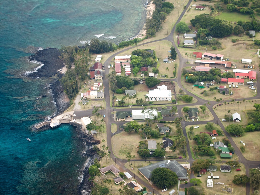Most of                                                          the village of                                                          Kalaupapa,                                                          seen from                                                          above