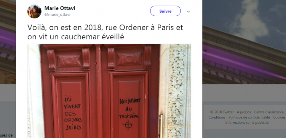 Des tags antisémites découverts sur une porte d'immeuble à Paris