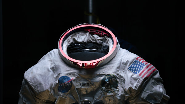 The spacesuit was engineered to help Neil Armstrong easily connect his equipment. The suit's metal fittings are brightly colored so that even in the excitement of the moon landing, Armstrong could attach his helmet, air tubes and gloves.