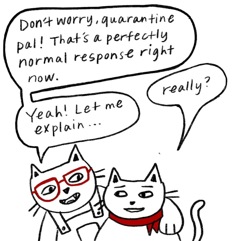 "Don't worry, quarantine pal!" says Glasses Cat. "That's a perfectly normal response right now." "Really?" Bandanna Cat says. "Yeah, let me explain ..."