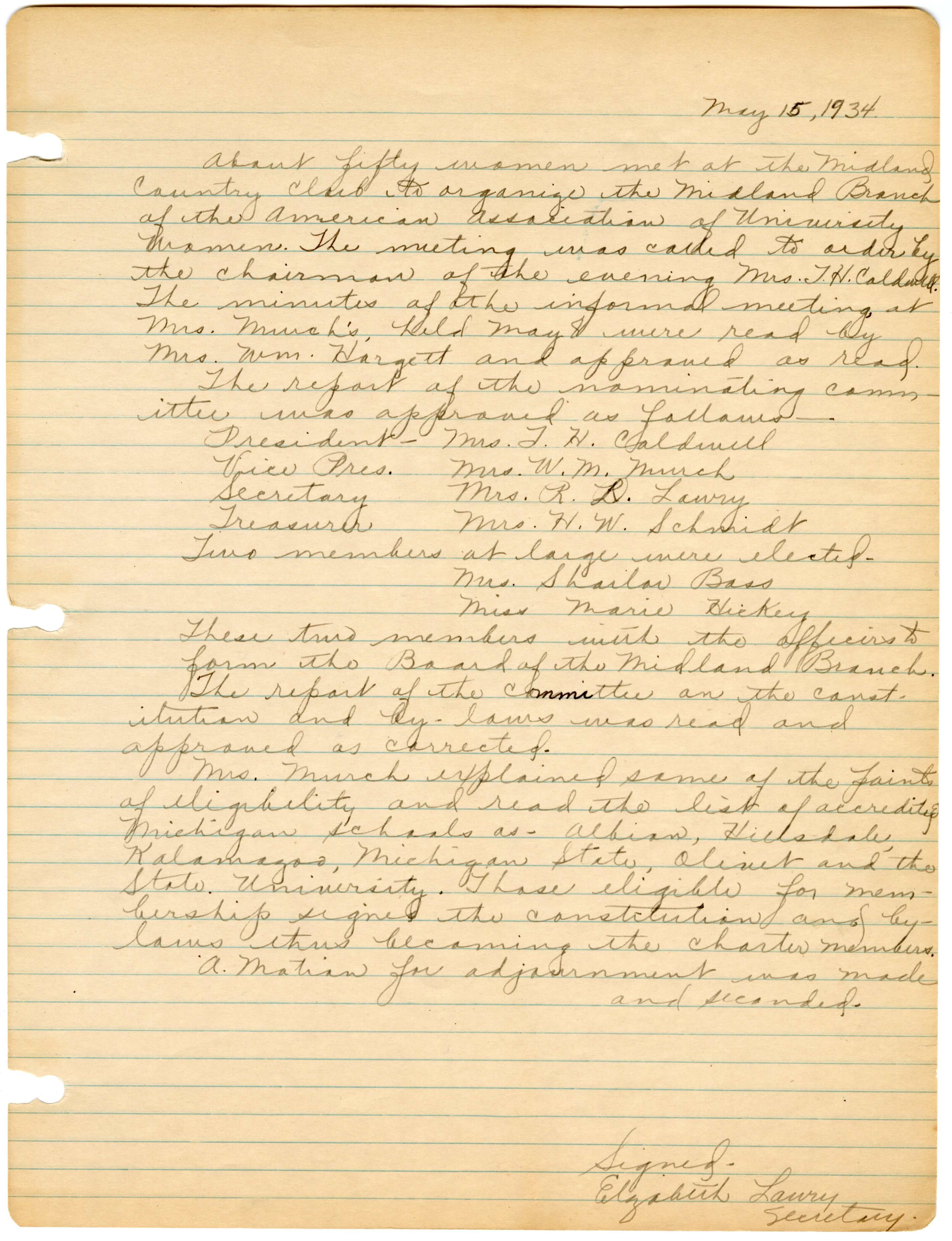 Handwritten meeting minutes from the first official meeting of the Midland AAUW, including the election of officers. AAUW (MI) Branch Records.