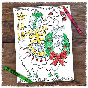 Partially colored-in Fa-la-la Llama coloring page