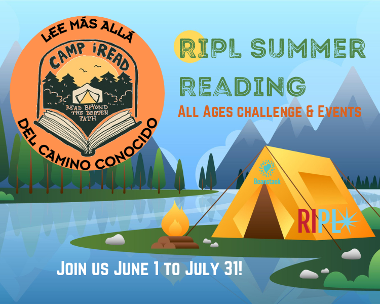 Illustration of tent pitched next to lake with Camp iRead logo