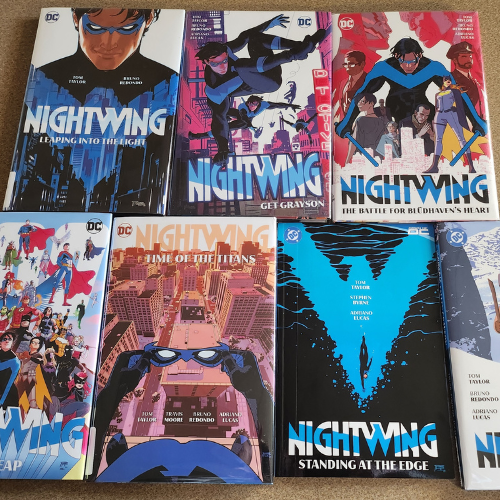 The trade copies of Nightwing, including Leaping into the Light, Get Grayson, The Battle for Bludhaven's Heart, The Leap, Time of the Titans, Standing at the Edge, and Fallen Grayson The trade copies of Nightwing, including Leaping into the Light, Get Grayson, The Battle for Bludhaven's Heart, The Leap, Time of the Titans, Standing at the Edge, and Fallen Grayson