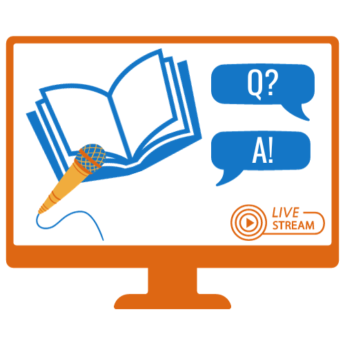 A computer screen showing a book, a microphone, a livestream logo, q and a speech bubbles A computer screen showing a book, a microphone, a livestream logo, q and a speech bubbles