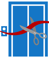 Elevator with a red ribbon and scissors