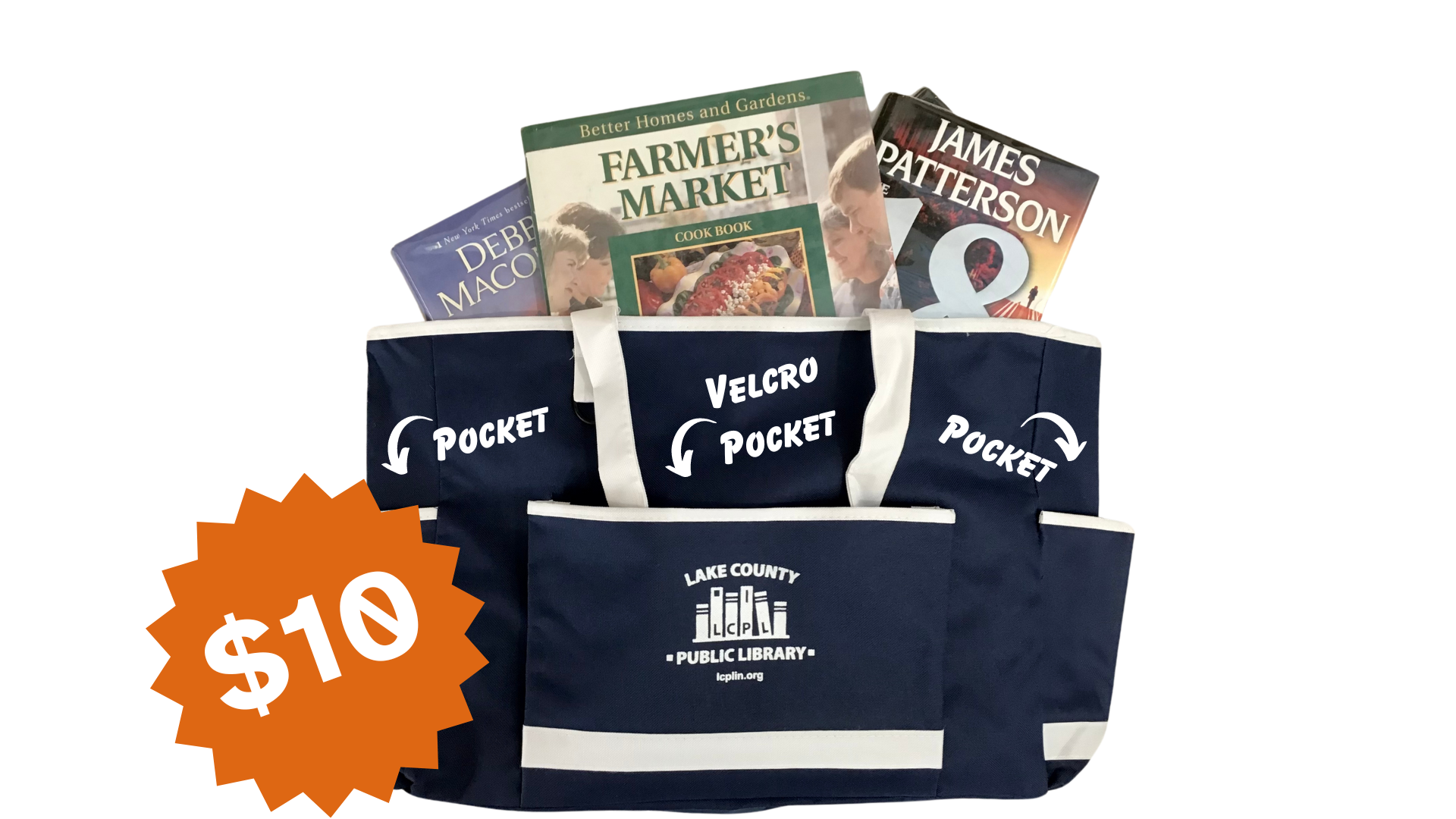 Navy blue bag with library logo, books overflowing. $10 Navy blue bag with library logo, books overflowing. $10