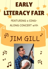 Text repeated in body. Jim Gill holding a banjo