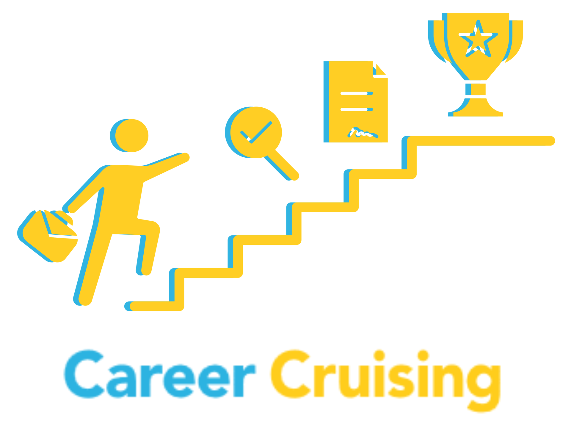 Person carrying a briefcase ascending stairs toward icons of a magnifying glass, a document, and finally a trophy Person carrying a briefcase ascending stairs toward icons of a magnifying glass, a document, and finally a trophy