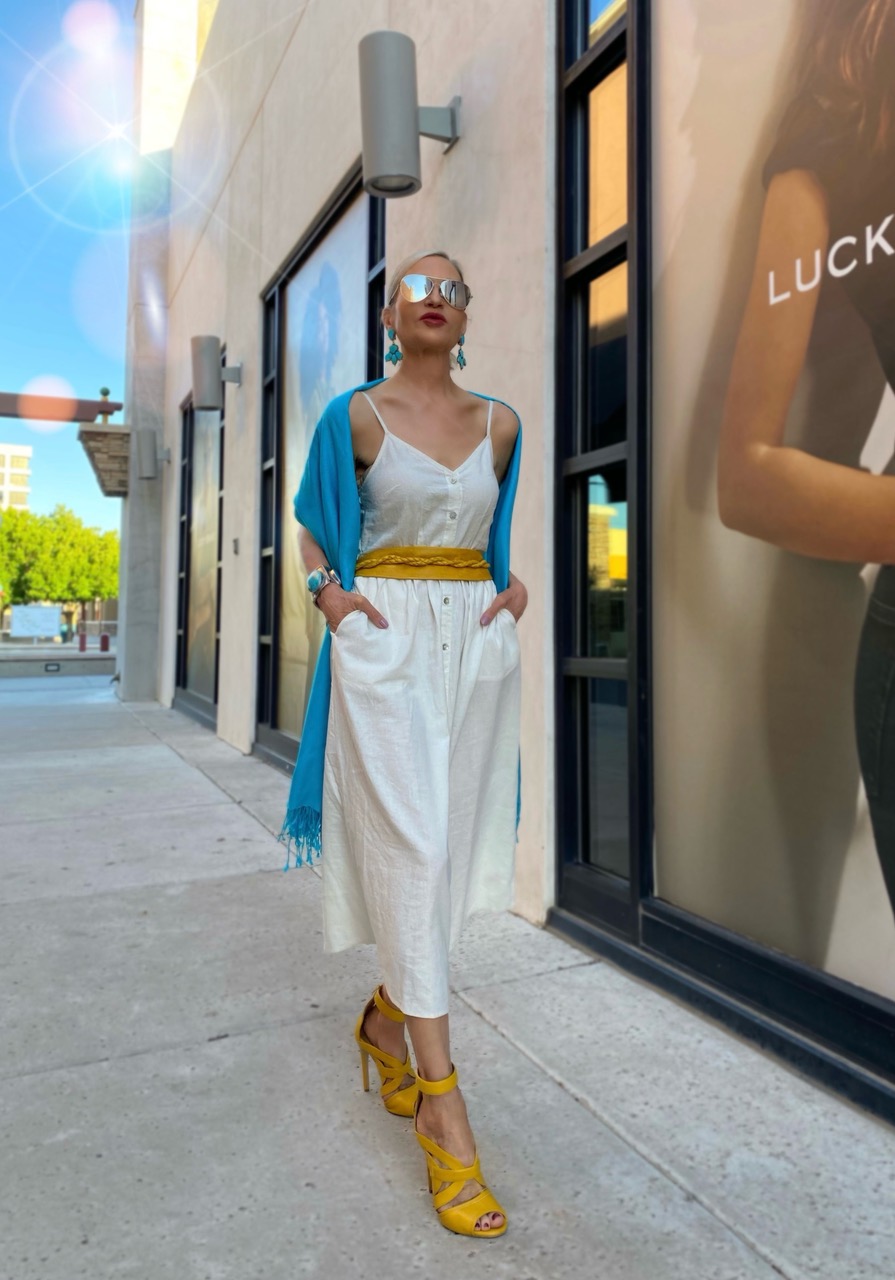 Lifestyle Influencer, Jamie Lewinger of More Than Turquoise wearing the Lucky Wrap belt fromAda Collection in mustard