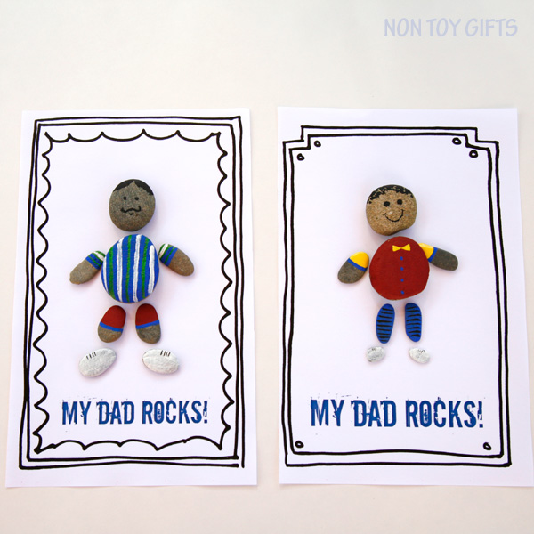 Make a DAD ROCKS card with kids using rounded stones. Dad will love his personalized gift! Easy and fun Father's Day craft. Free printable available. | at Non Toy Gifts