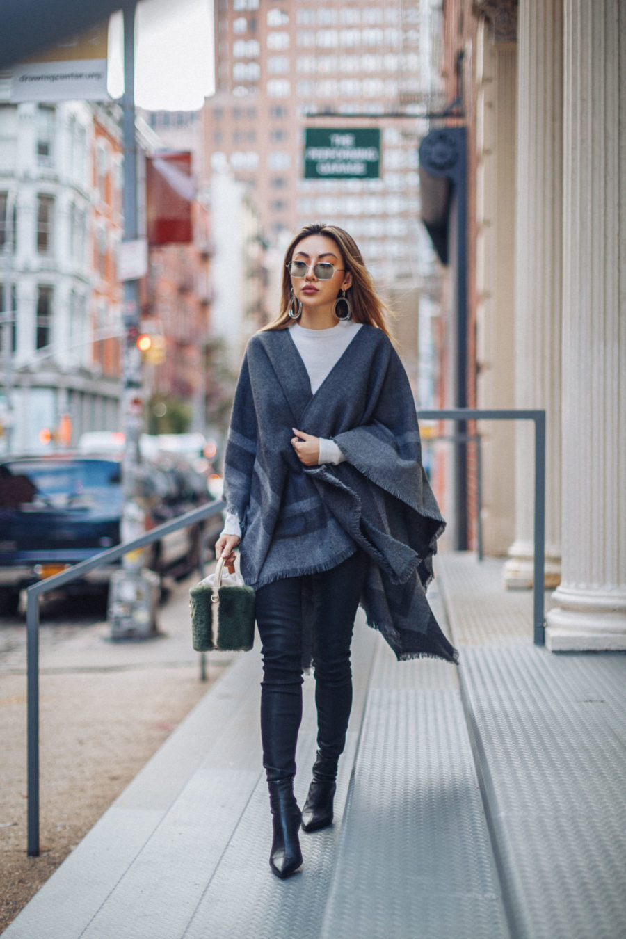 fashion blogger jessica wang wears poncho outfit while sharing postpartum style tips // Jessica Wang - Notjessfashion.com