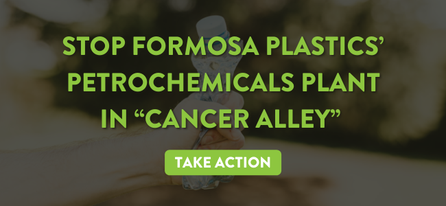 Graphic with overlay text: "Stop Formosa Plastics' Petrochemical Plant in Cancer Alley -- Take Action"