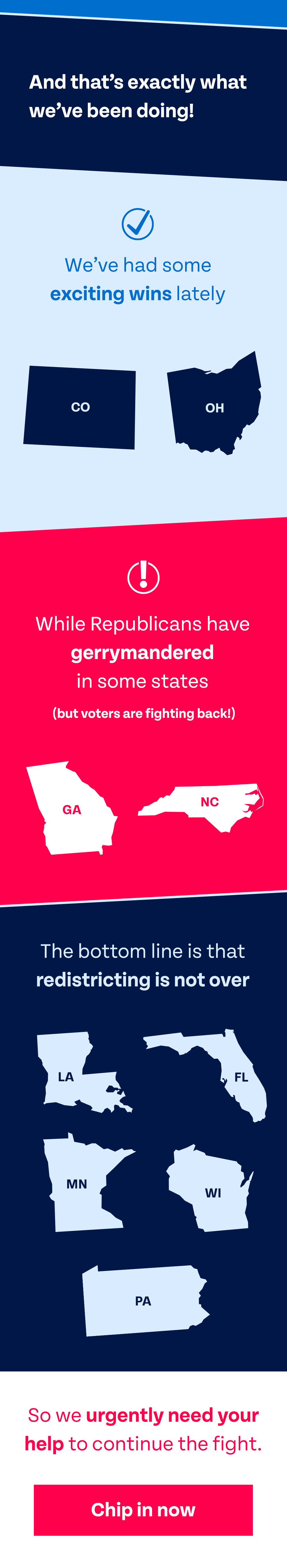 And that's exactly what we’ve been doing! We've had some exciting wins lately, while Republicans have gerrymandered in some states (but voters are fighting back!) The bottom line is that redistricting is not over. So we urgently need your help to continue the fight. Chip in now.