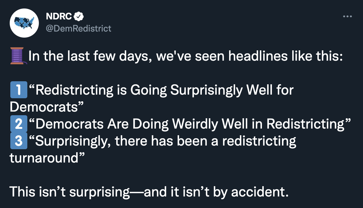 In the last few days, we've seen headlines like this:
'Redistricting is Going Surprisingly Well for Democrats' 'Democrats Are Doing Weirdly Well in Redistricting' 'Surprisingly, there has been a redistricting turnaround' This isn’t surprising—and it isn’t by accident.)