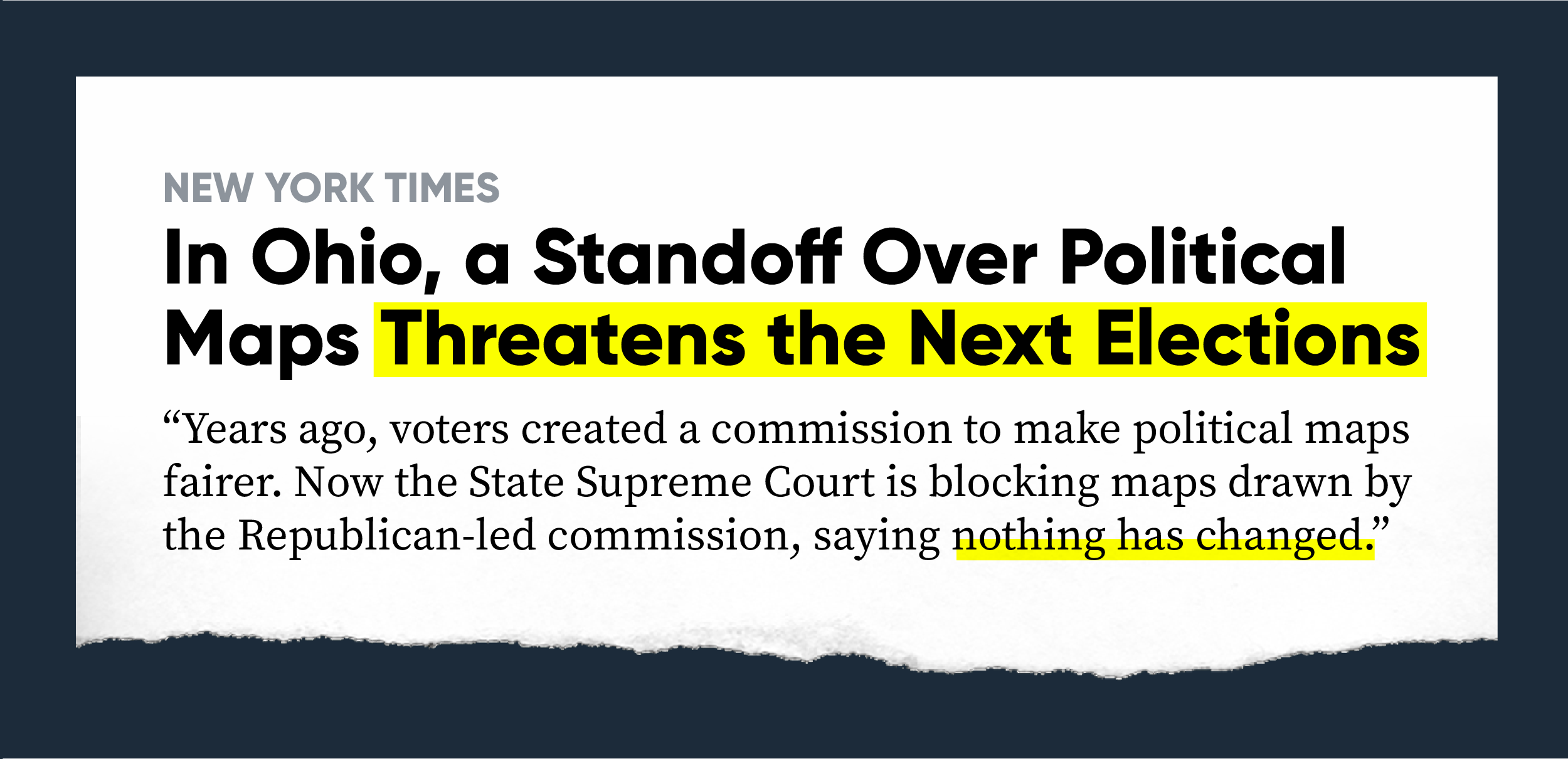 NYT: In Ohio, a Standoff Over Political Maps Threatens the Next Elections Years ago, voters created a commission to make political maps fairer. Now the State Supreme Court is blocking maps drawn by the Republican-led commission, saying nothing has changed.