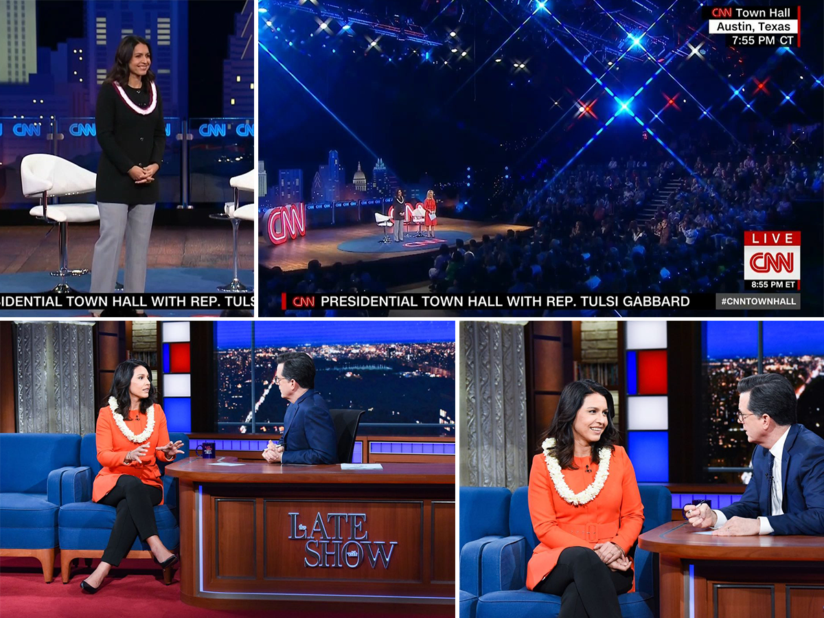 Tulsi at the CNN Presidential Town Hall, and with Stephen Colbert on the Late Show