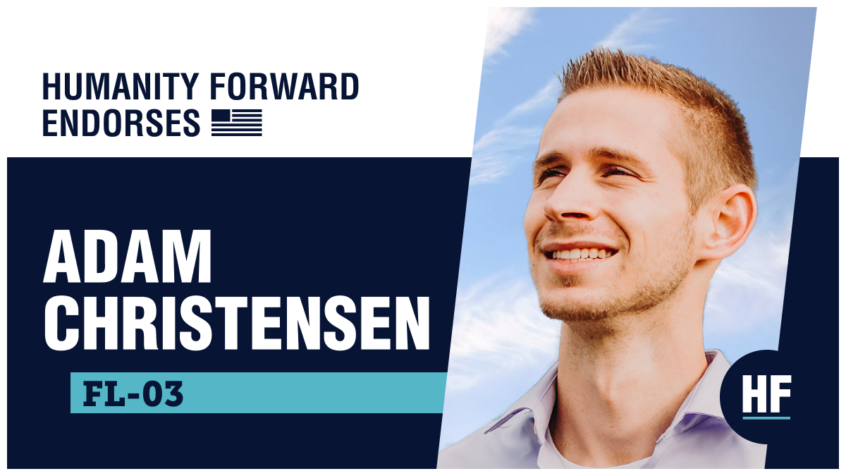 A graphic showing Humanity Forward's endorsement of Adam Christensen