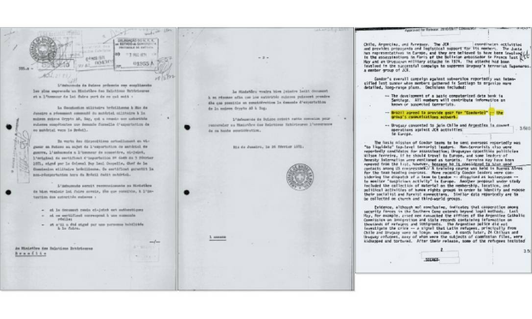 Comunicação secreta entre embaixada da Suíça e Itamaraty sobre compras de maquinas de criptografia em 1971. À direita, documento da NSA indicando que Brasil distribuiu equipamentos para outros países Foto: Arquivo Nacional e NSA Archive