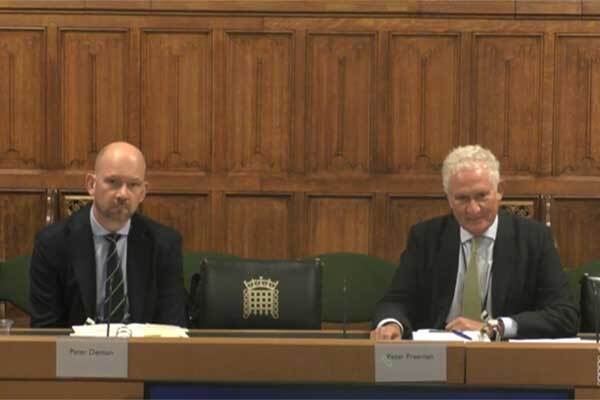 Homes England chief executive Peter Denton (left) and chair Peter Freeman (right) appeared before the HCLG Committee (picture: Parliament TV)