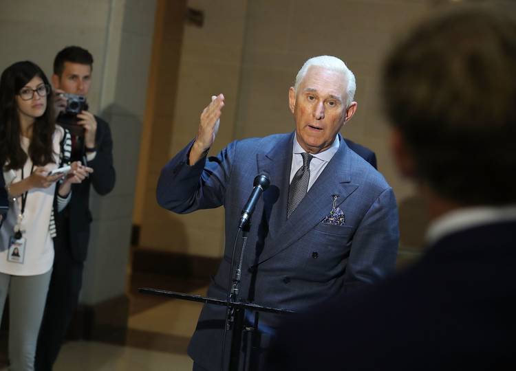 Roger Stone speaks to reporters after appearing before the House Intelligence Committee. (Mark Wilson/Getty Images)