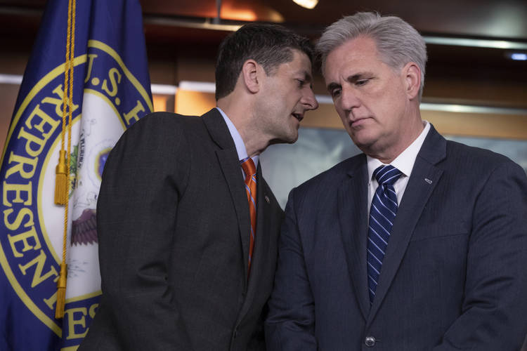 House Speaker Paul Ryan (R-Wis.) confers with House Majority Leader Kevin McCarthy (R-Calif.) at the Capitol on Wednesday. (J. Scott Applewhite/Associated Press)