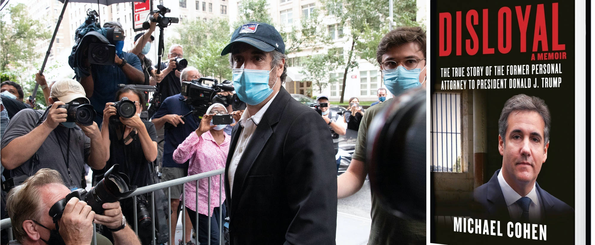 Michael Cohen, President Donald Trump's former personal attorney, returns to his New York apartment after being released from prison, July 24, 2020. District Judge Alvin Hellerstein ordered Cohen released on parole, saying he believes the government retaliated against him for writing a book about Trump. (AP Photo/Mark Lennihan); book cover from Michael Cohen's website.
